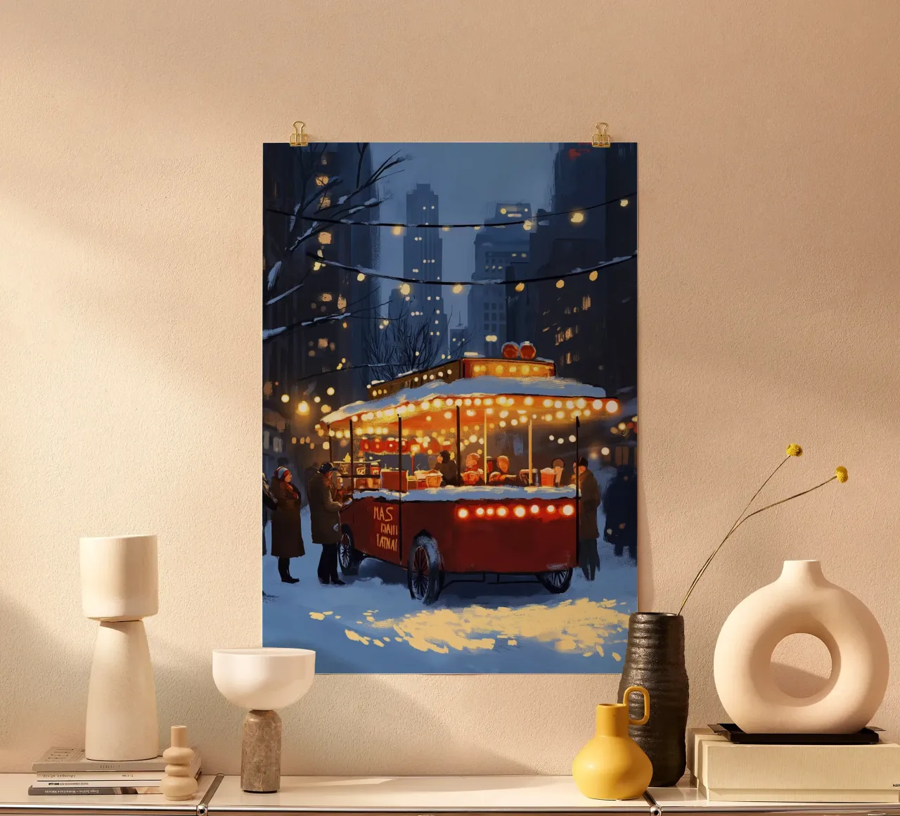 Accogliente stand di cioccolata calda - Scena di mercato invernale innevato poster da ClubArt