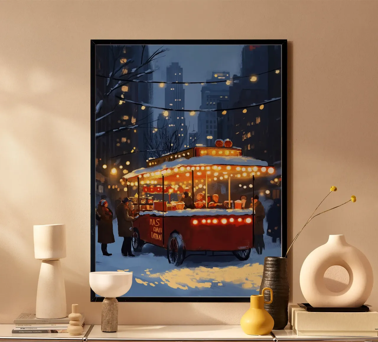 Accogliente stand di cioccolata calda - Scena di mercato invernale innevato poster da ClubArt