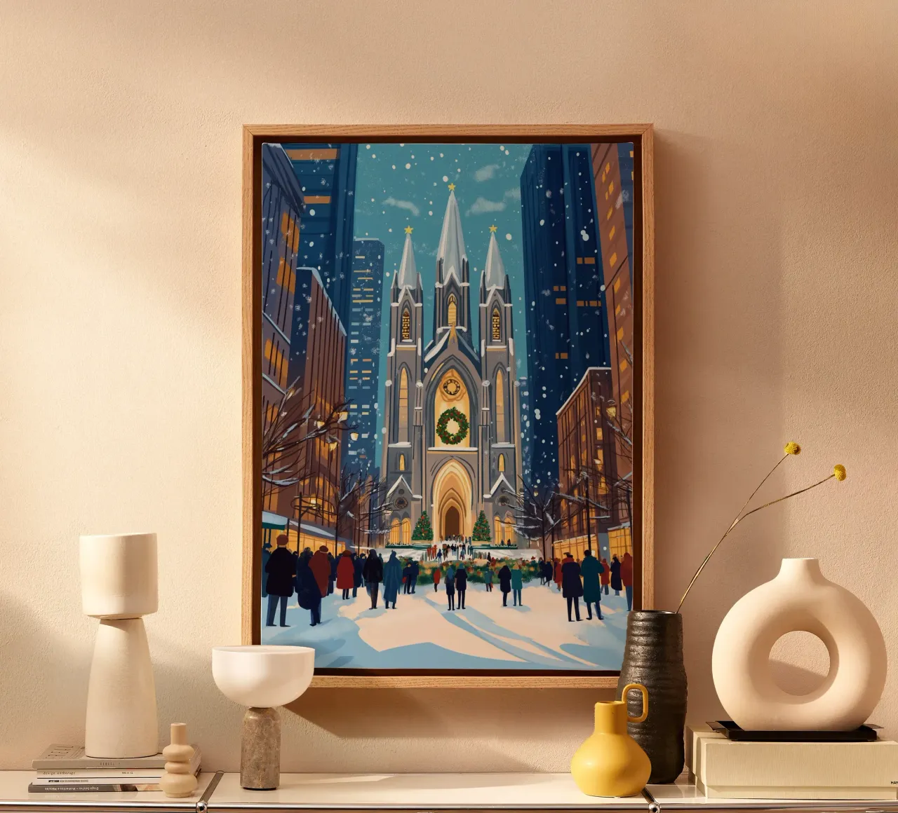 Feestelijke St. Patrick's Cathedral - Besneeuwde kerst in NYC canvas met Baklijst van ClubArt
