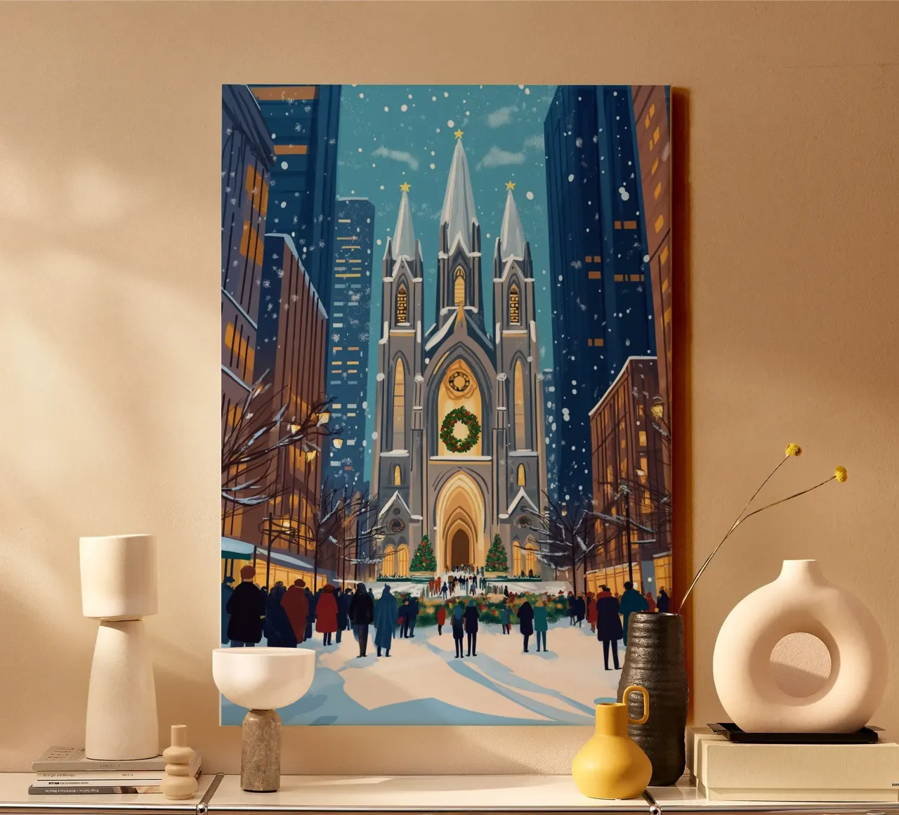 Feestelijke St. Patrick's Cathedral - Besneeuwde kerst in NYC canvas met Baklijst van ClubArt