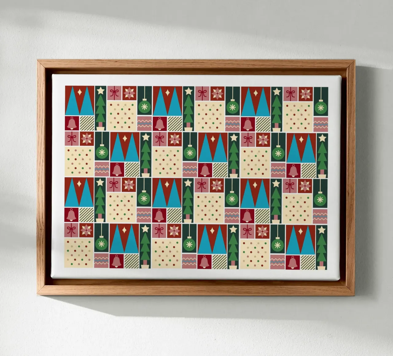 Abstraktes Weihnachtsmuster - Modernes Weihnachtsgeschenkpapier Leinwand mit Schattenfugenrahmen von ClubArt