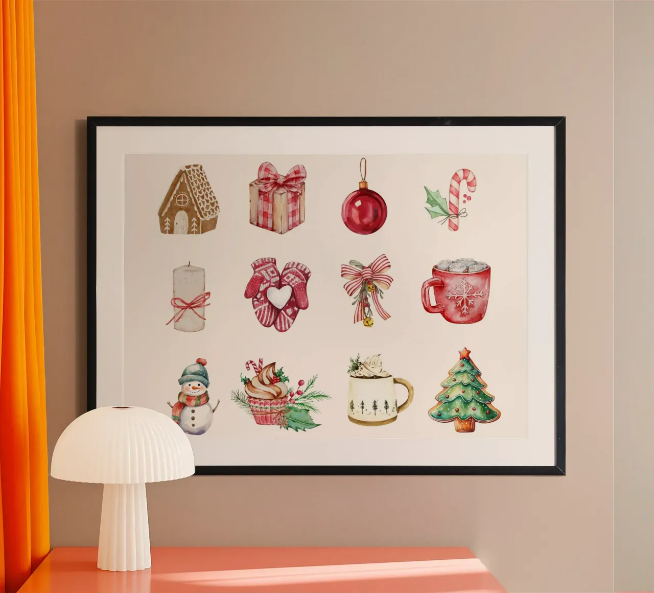 Gemütliche Weihnachten Elemente - Aquarell Urlaub Dekor Set Poster mit Holzrahmen von ClubArt