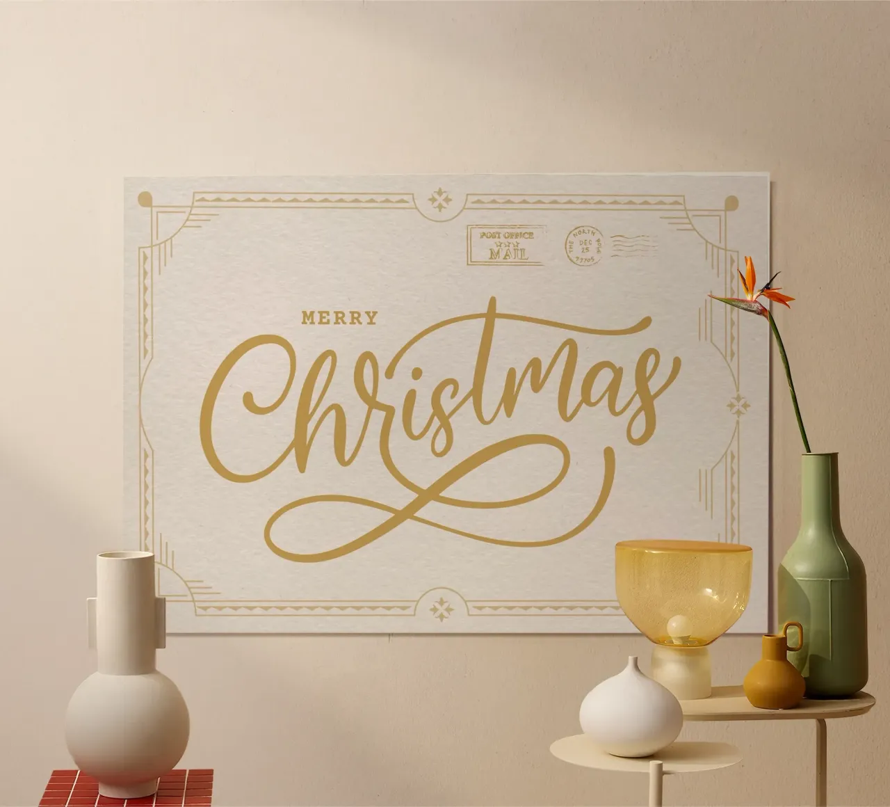 Merry Christmas Gold Script - Lettera d'arte elegante per le vacanze poster con telaio in plastica da ClubArt