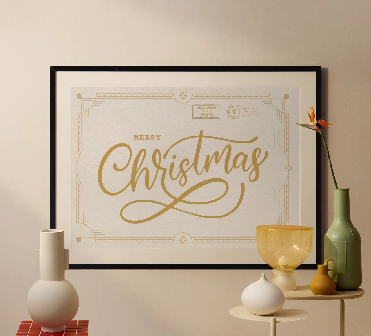 Merry Christmas Gold Script - Lettera d'arte elegante per le vacanze poster con telaio in plastica da ClubArt