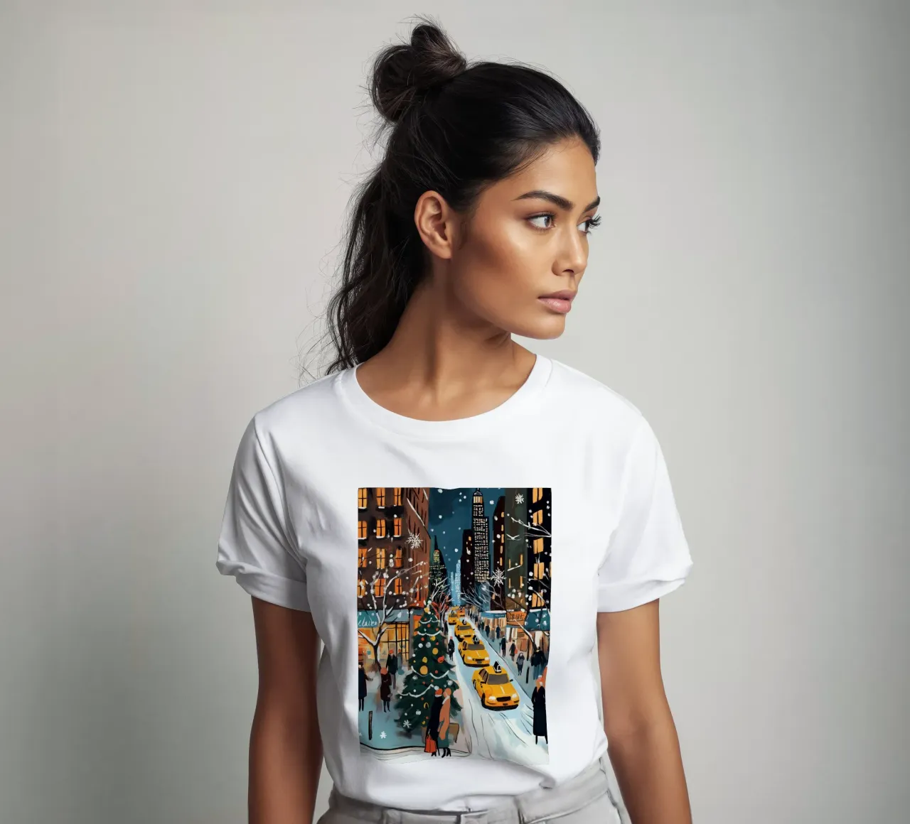 NYC, strada di Natale innevata - Scena di vacanza con taxi giallo t-shirt da ClubArt