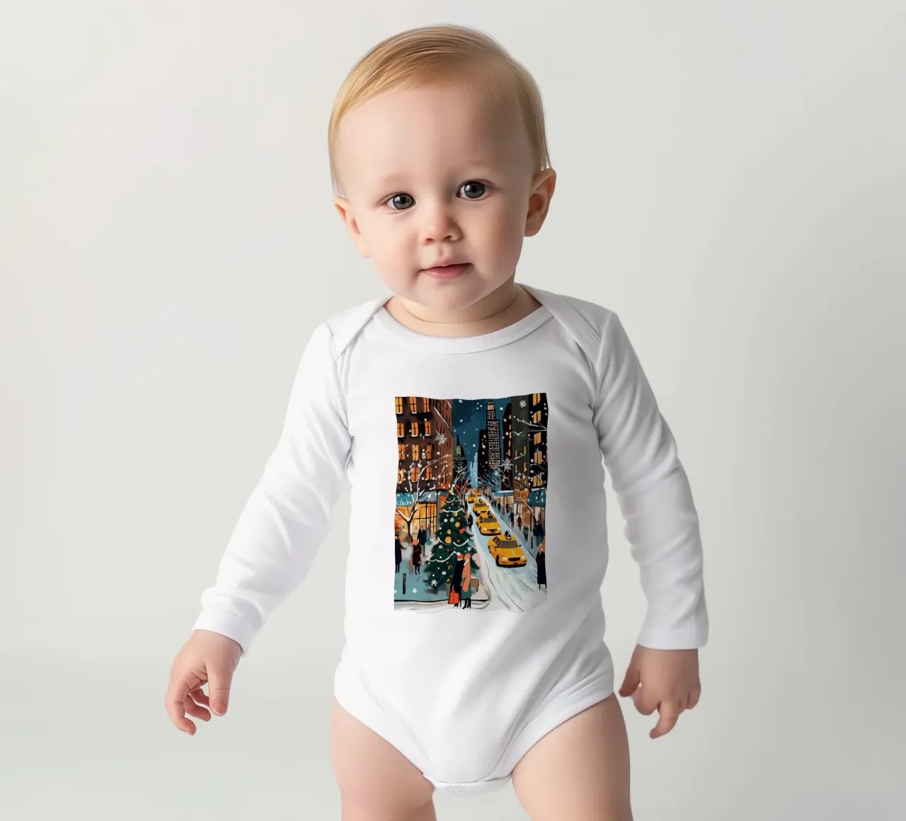 NYC Snowy Christmas Street - Yellow Cab Holiday Scene Langarm Babybody von ClubArt