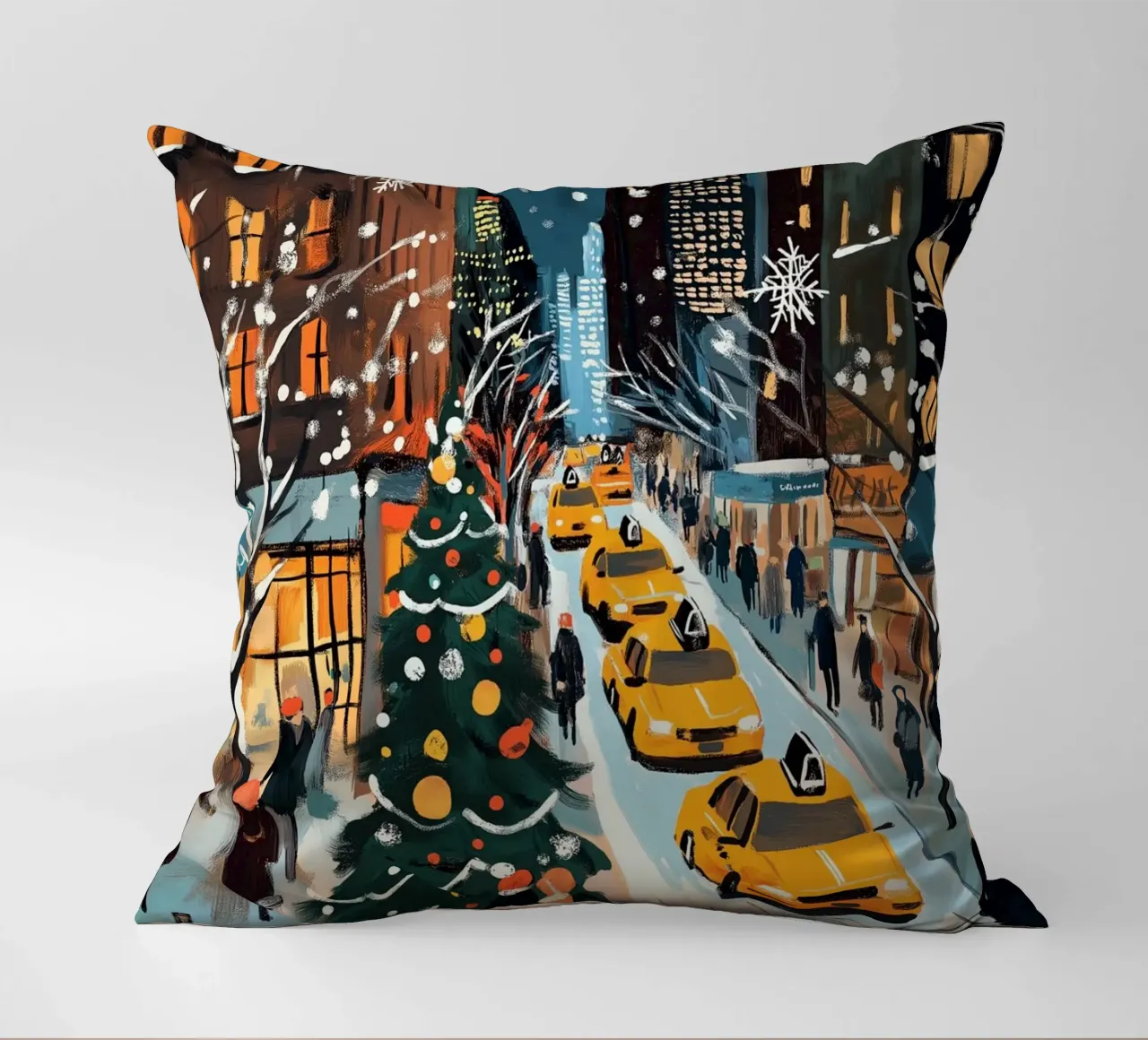 NYC, strada di Natale innevata - Scena di vacanza con taxi giallo cuscino da ClubArt
