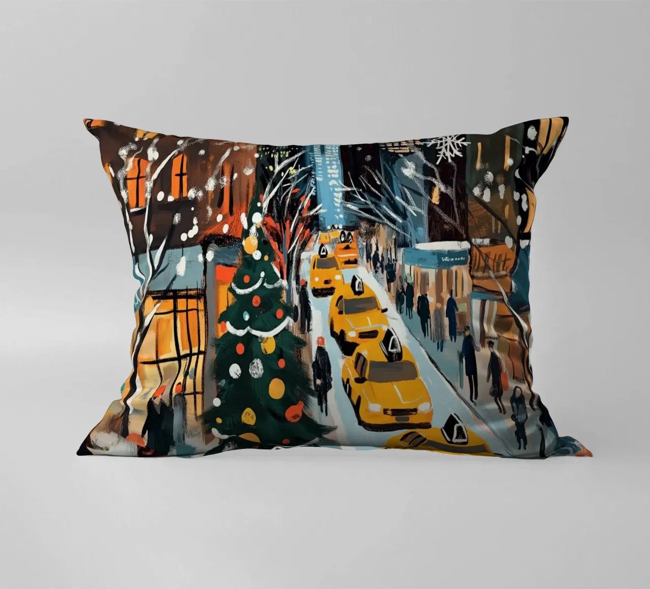 NYC, strada di Natale innevata - Scena di vacanza con taxi giallo cuscino da ClubArt
