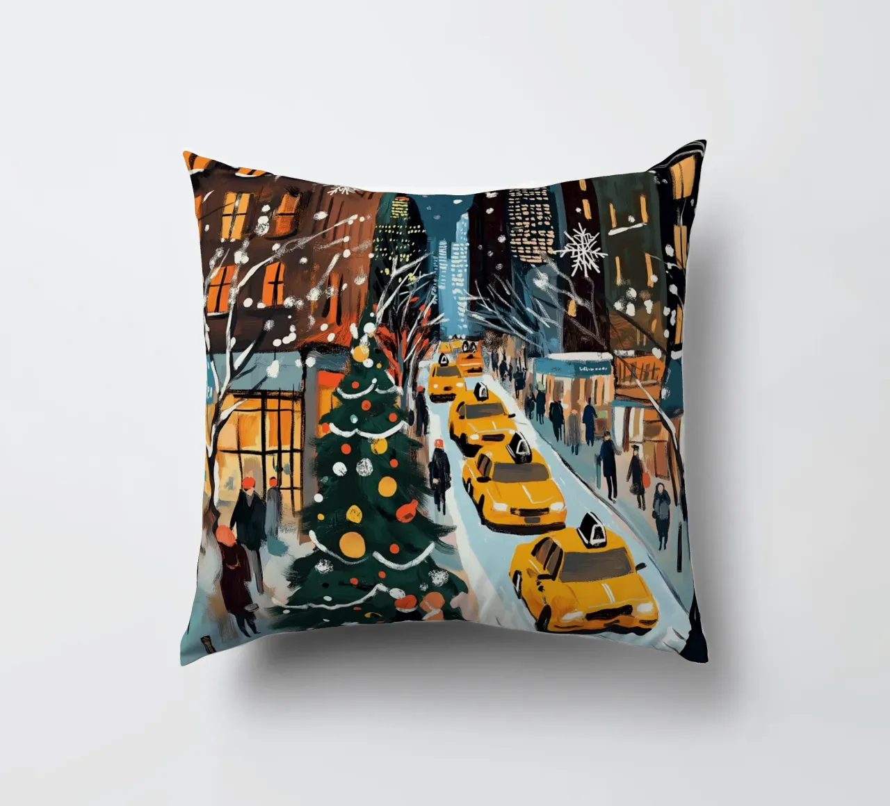 NYC, strada di Natale innevata - Scena di vacanza con taxi giallo cuscino da ClubArt