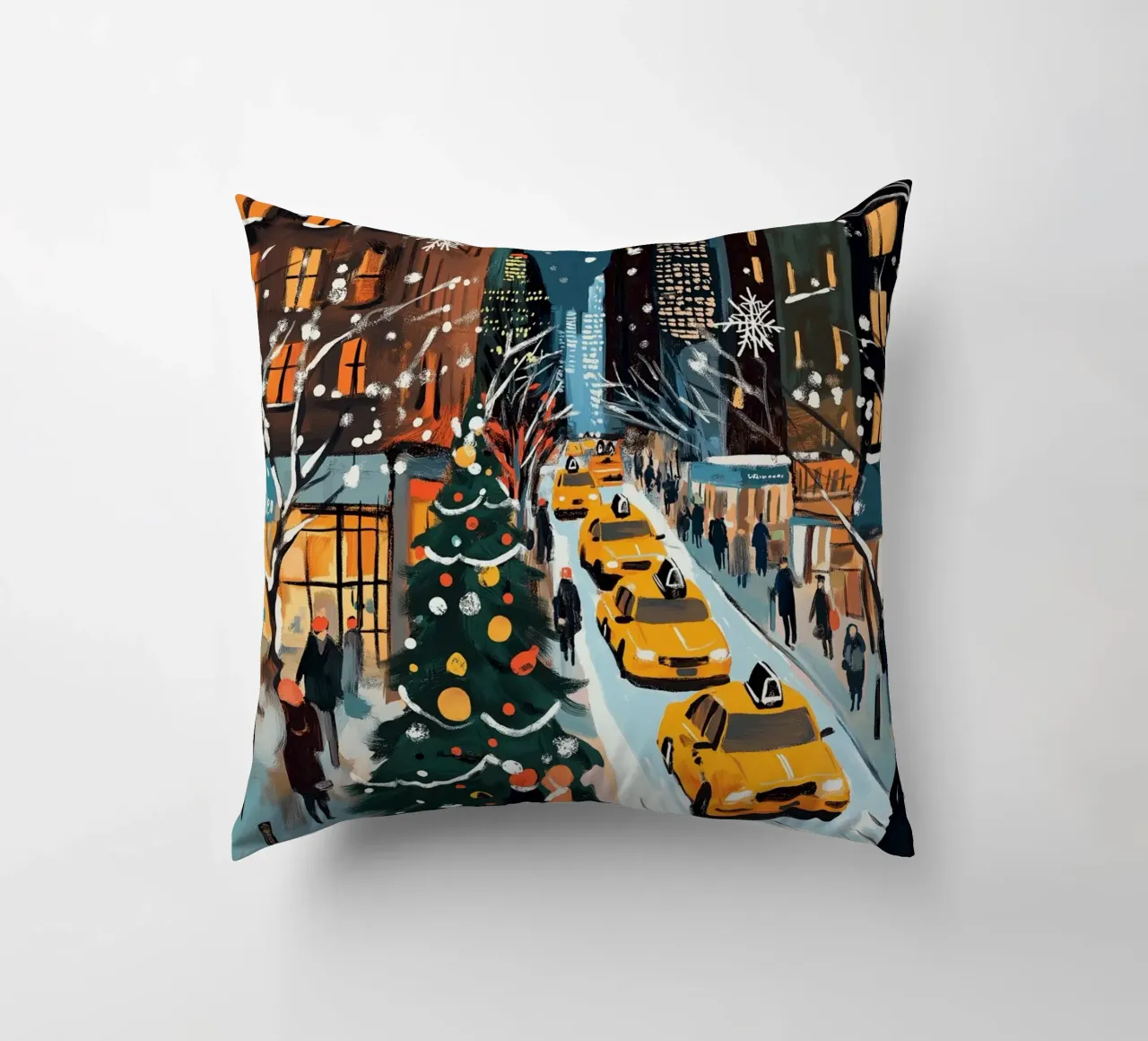 NYC, strada di Natale innevata - Scena di vacanza con taxi giallo cuscino da ClubArt