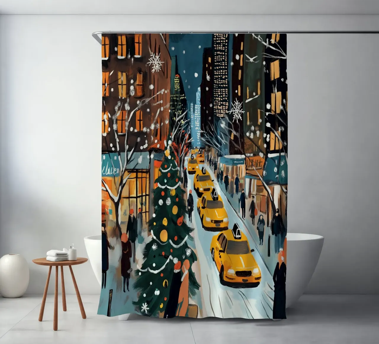 NYC Snowy Christmas Street - Yellow Cab Holiday Scene shower curtain by ClubArt