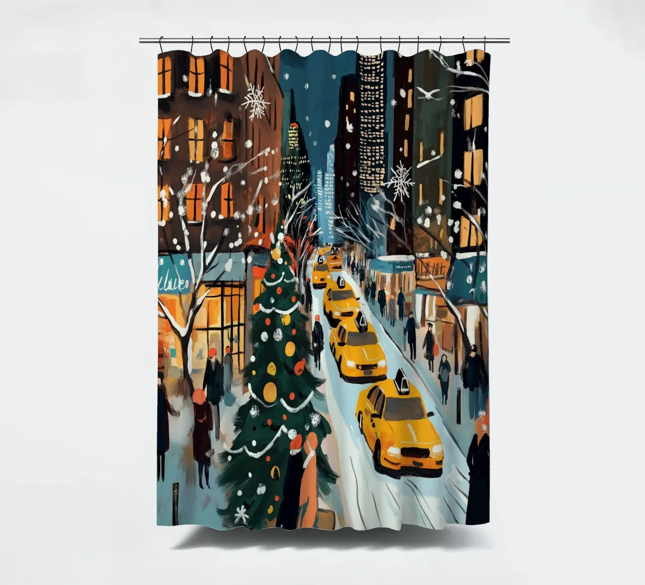 NYC Snowy Christmas Street - Yellow Cab Holiday Scene shower curtain by ClubArt