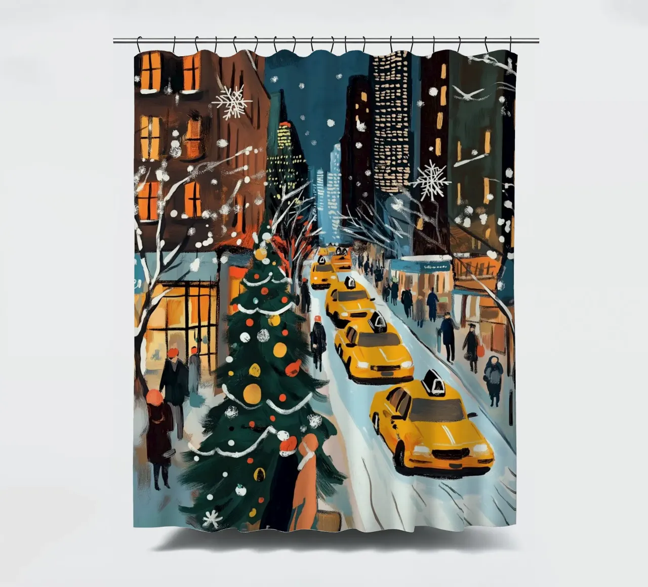 NYC Snowy Christmas Street - Yellow Cab Holiday Scene shower curtain by ClubArt