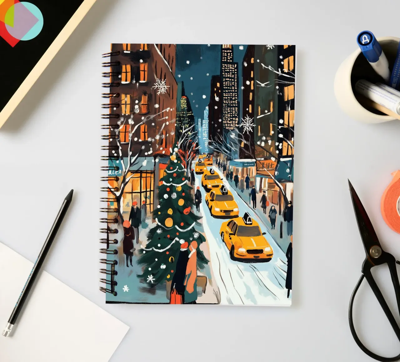 NYC Snowy Christmas Street - Yellow Cab Holiday Scene spiral notebook by ClubArt