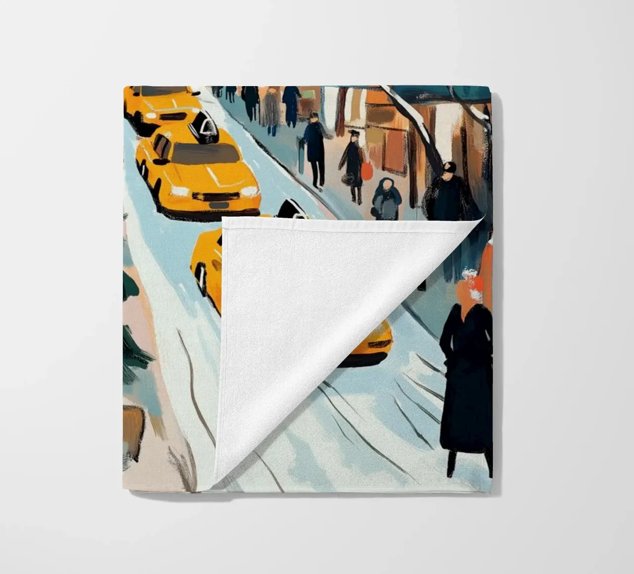 NYC Snowy Christmas Street - Escena navideña en taxi amarillo toalla de playa de ClubArt