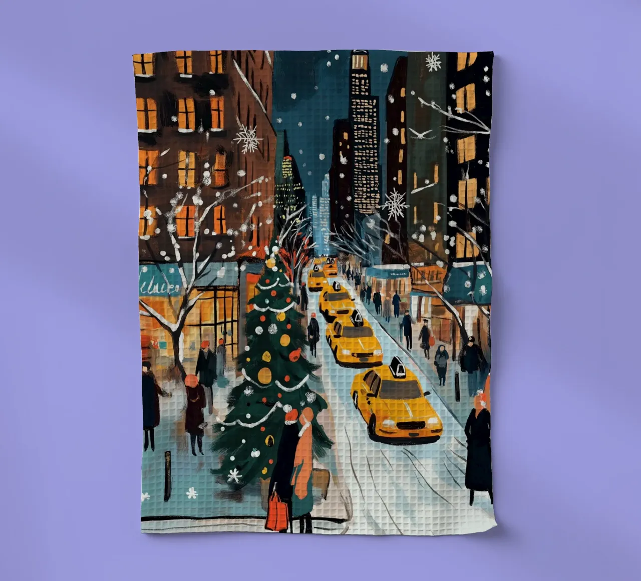 NYC, strada di Natale innevata - Scena di vacanza con taxi giallo canovaccio da cucina da ClubArt