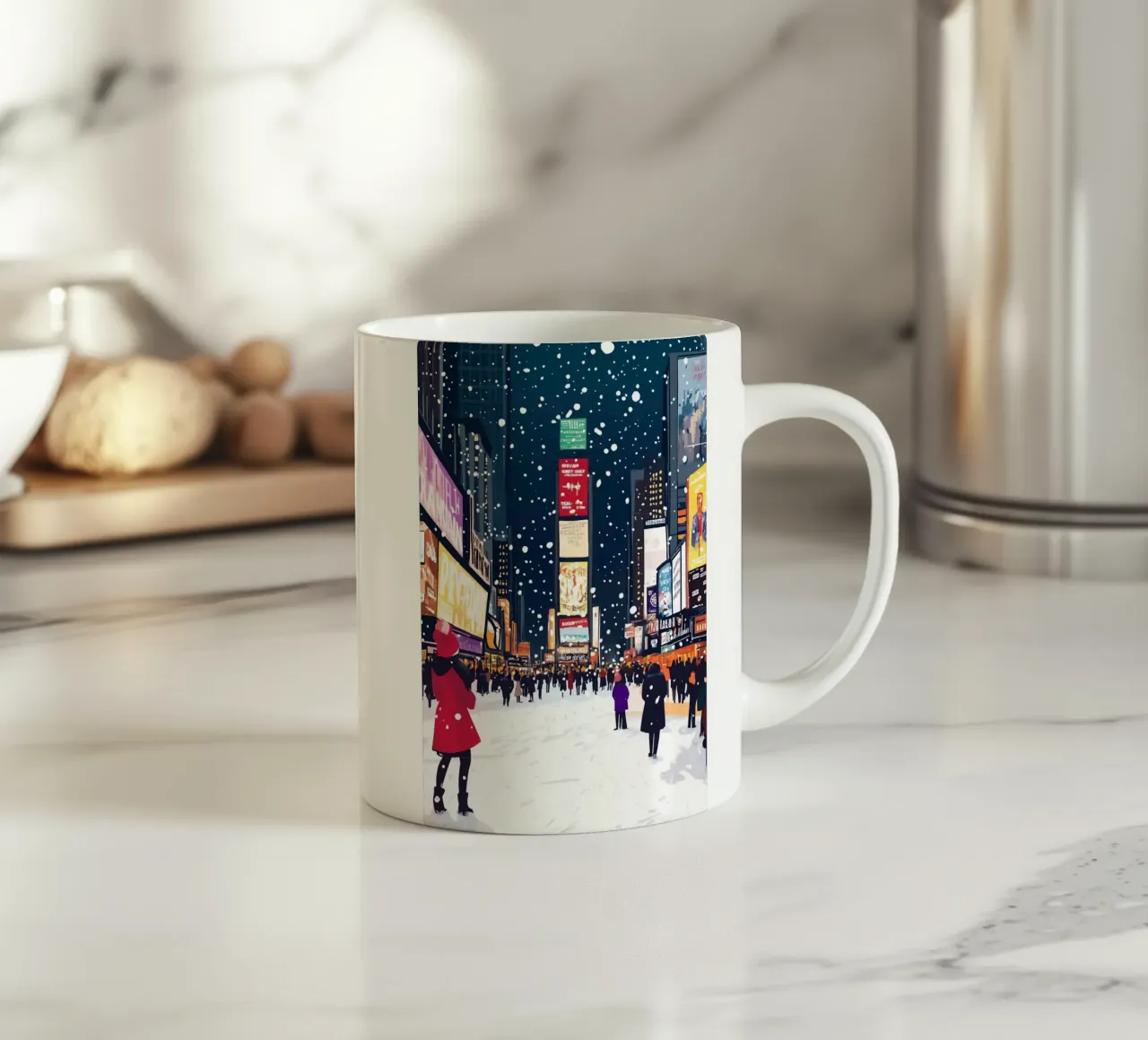 Times Square innevata - Arte invernale di NYC con luci al neon tazza in ceramica da ClubArt