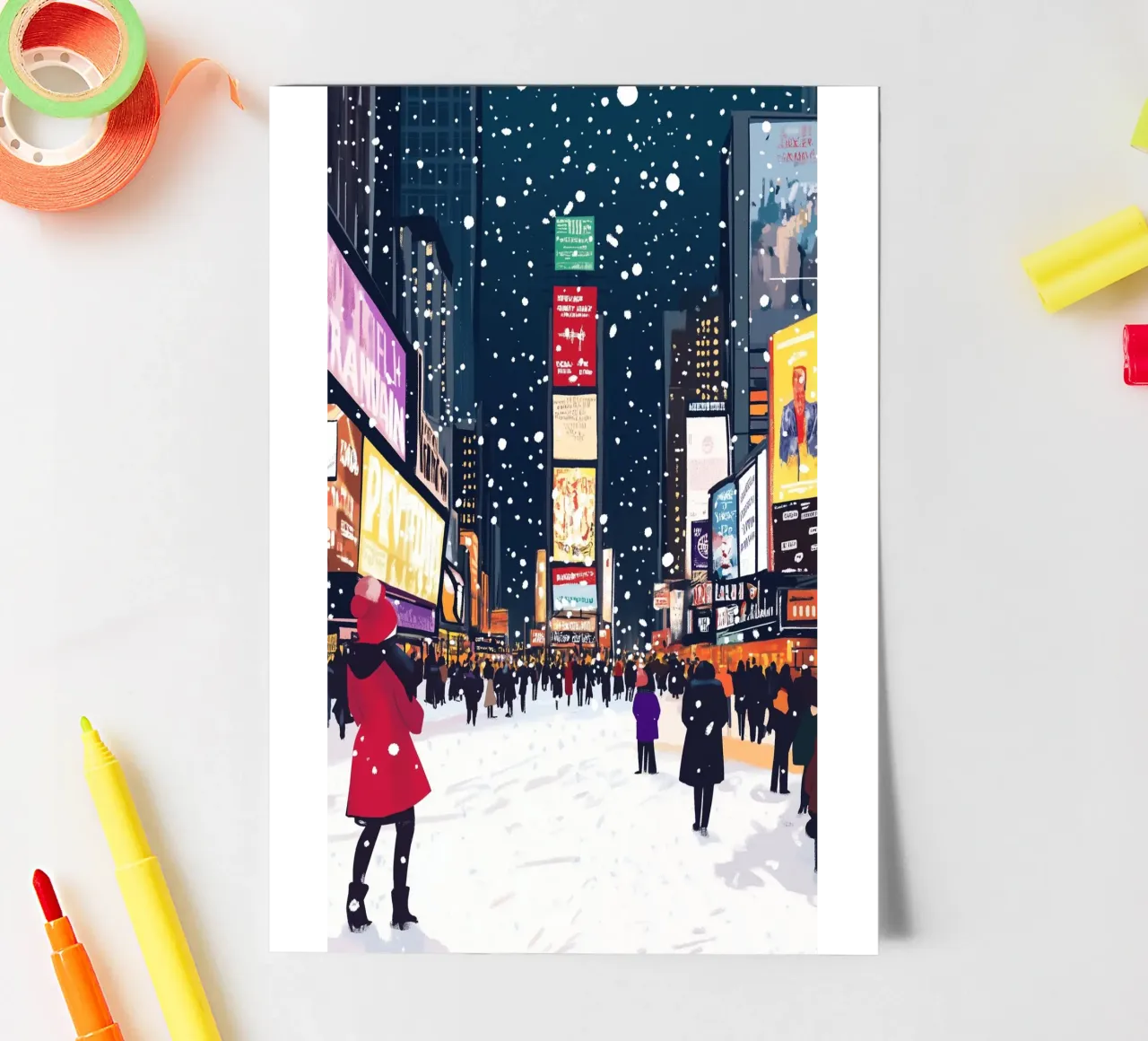 Times Square innevata - Arte invernale di NYC con luci al neon foglio adesivo da ClubArt