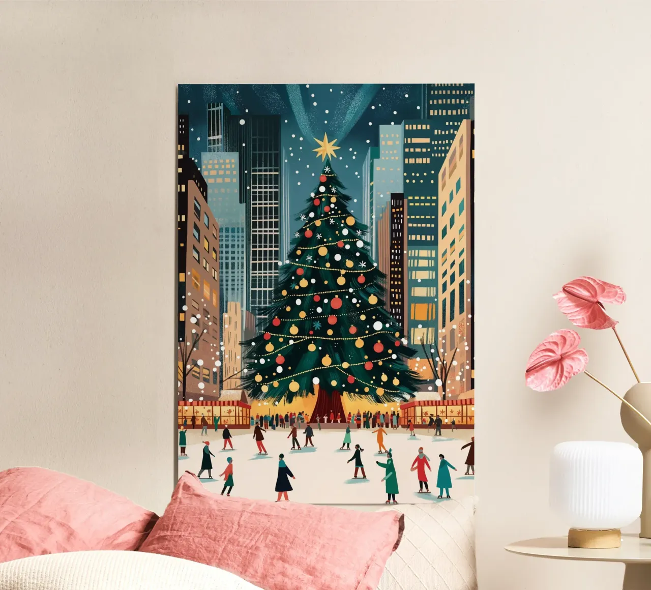 Festive NYC Ice Rink - Christmas Tree Skating Fun alu-dibond by ClubArt