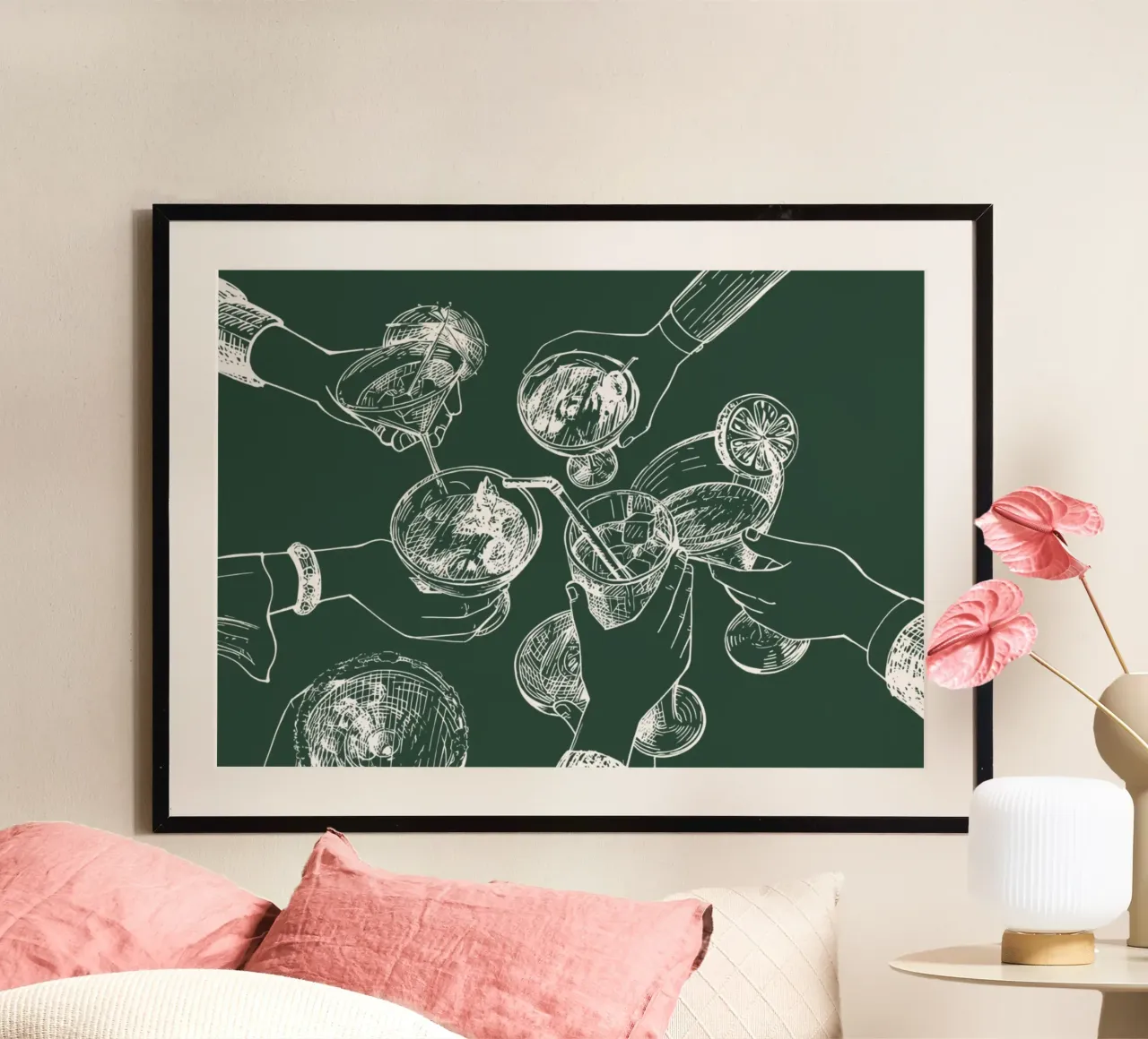 Cocktail Cheers White Sketch - Handgezeichnete Getränke Kunst Poster von ClubArt