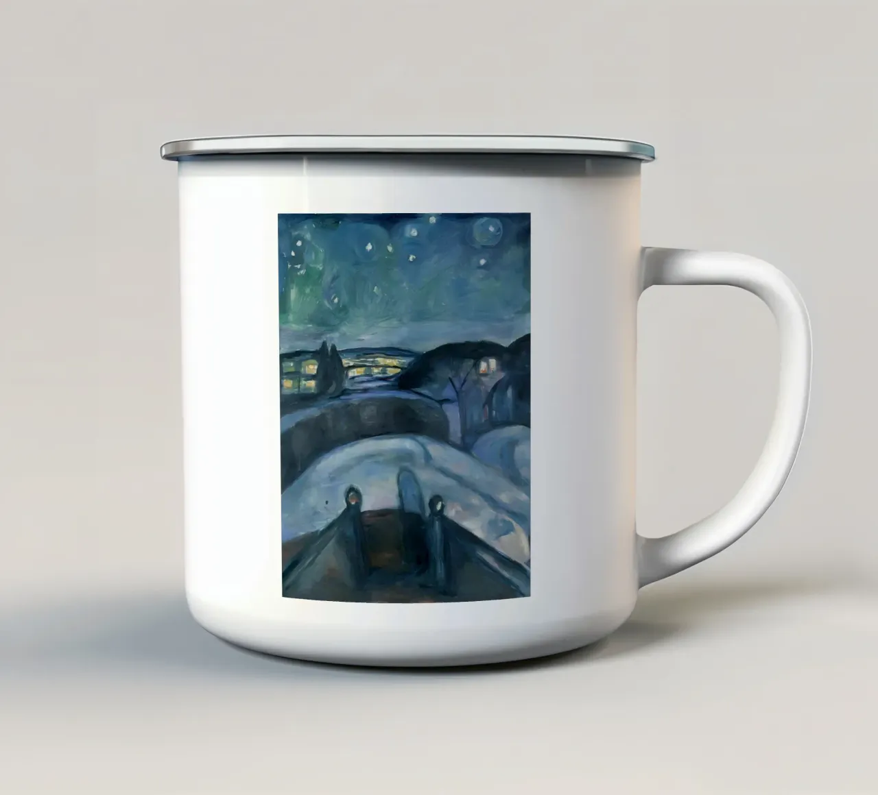 Paesaggio notturno stellato di Munch - Arte mistica espressionista tazza in smalto da NorwesClub