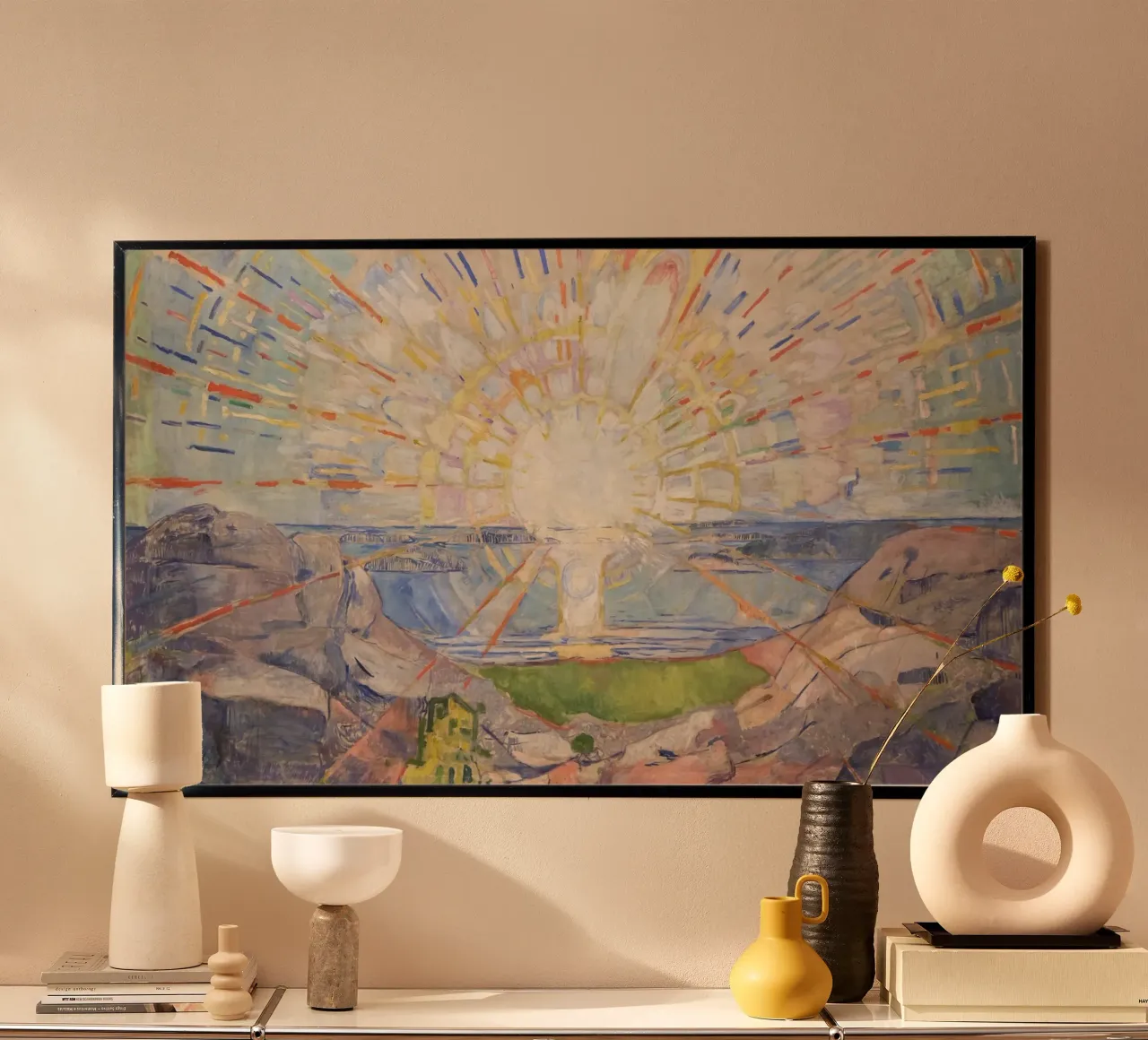 Il sole di Munch (Solen) - Un radioso paesaggio espressionista poster con telaio in alluminio da NorwesClub