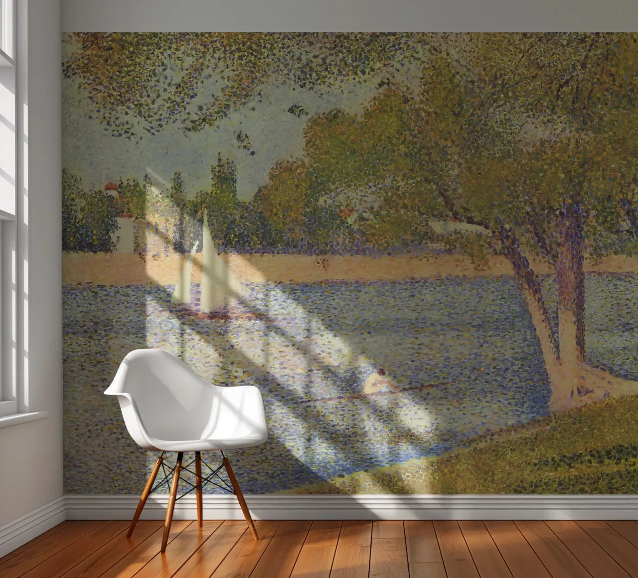Voilier et yole de Seurat - Scène fluviale pointilliste papier peint photo de NorwesClub
