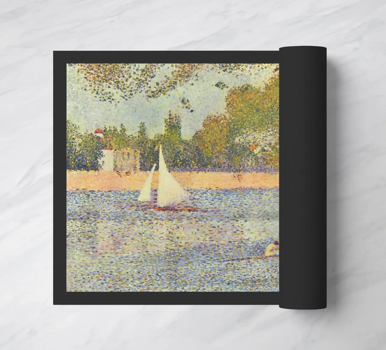 Seurats Segelboot & Skiff - Pointillistische Flussszene Fußmatte von NorwesClub