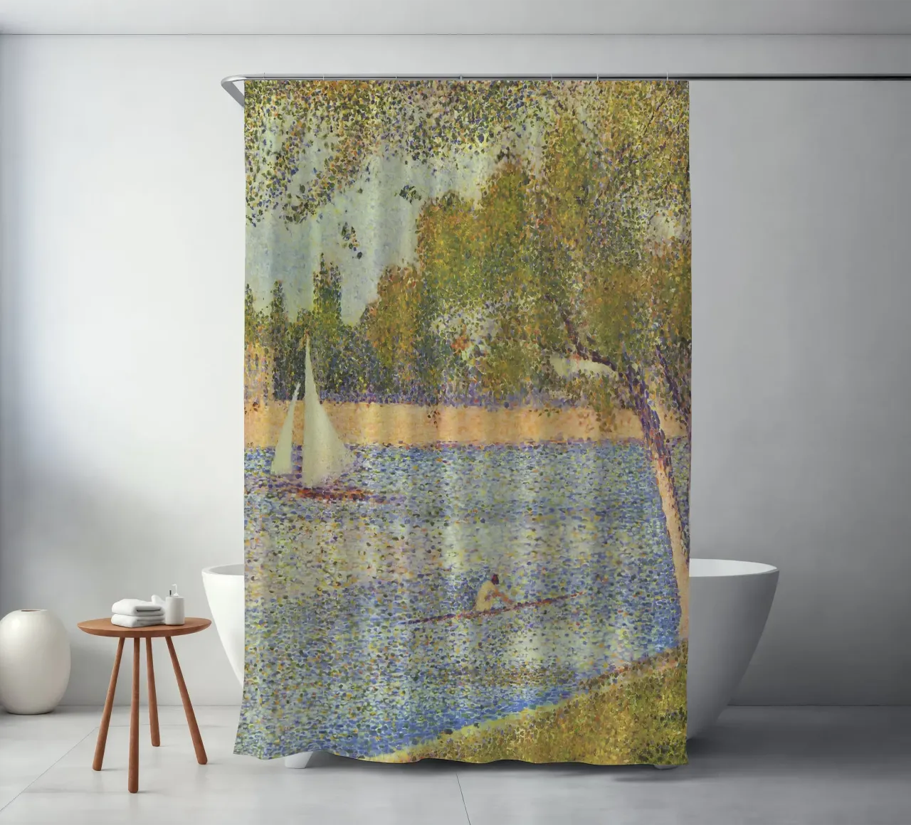 Seurats Segelboot & Skiff - Pointillistische Flussszene Duschvorhang von NorwesClub