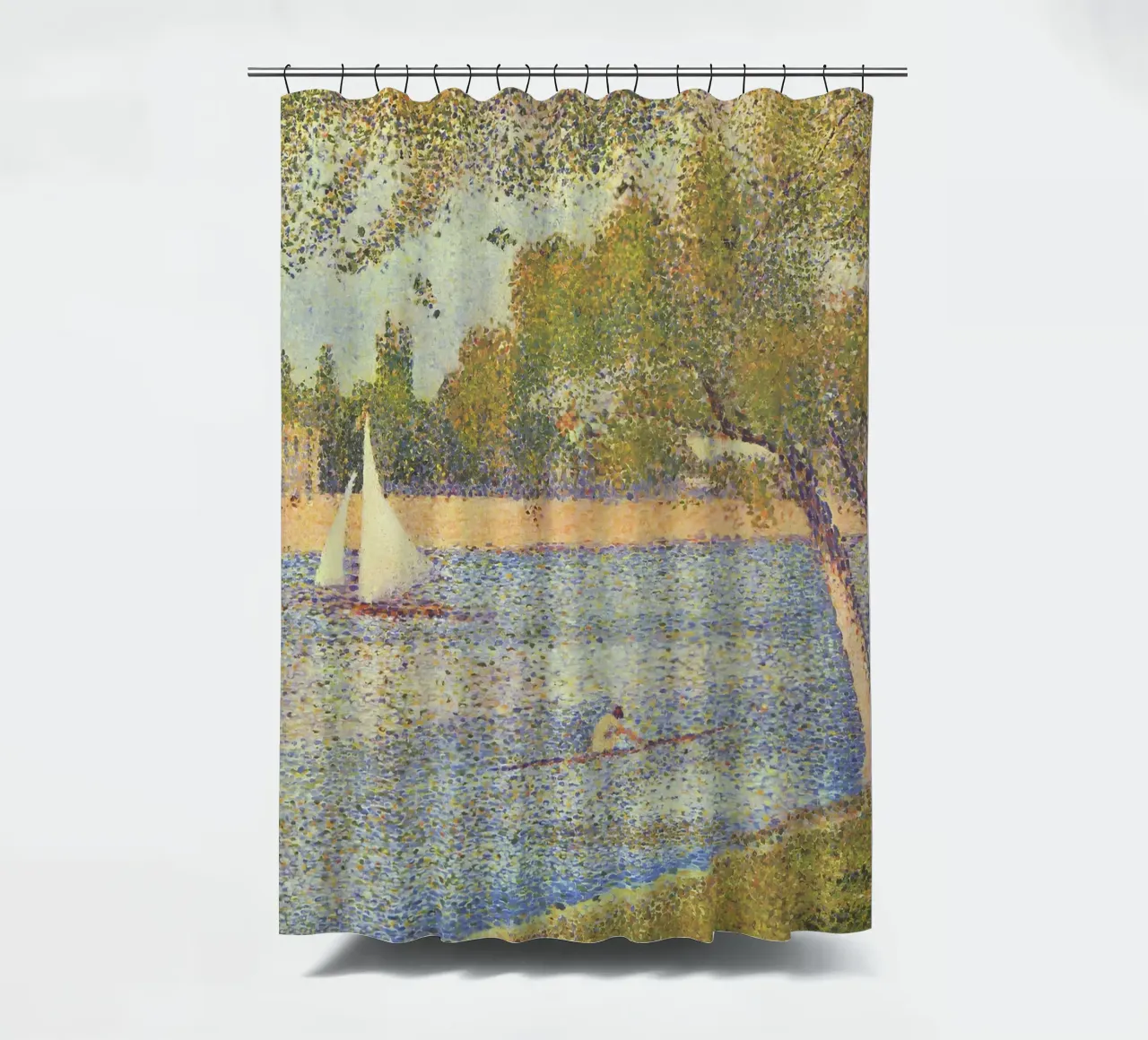 Seurats Segelboot & Skiff - Pointillistische Flussszene Duschvorhang von NorwesClub