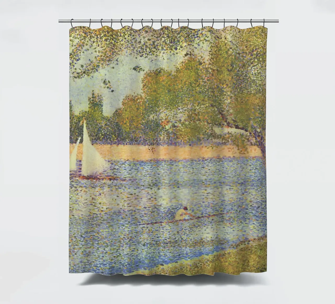 Seurats Segelboot & Skiff - Pointillistische Flussszene Duschvorhang von NorwesClub