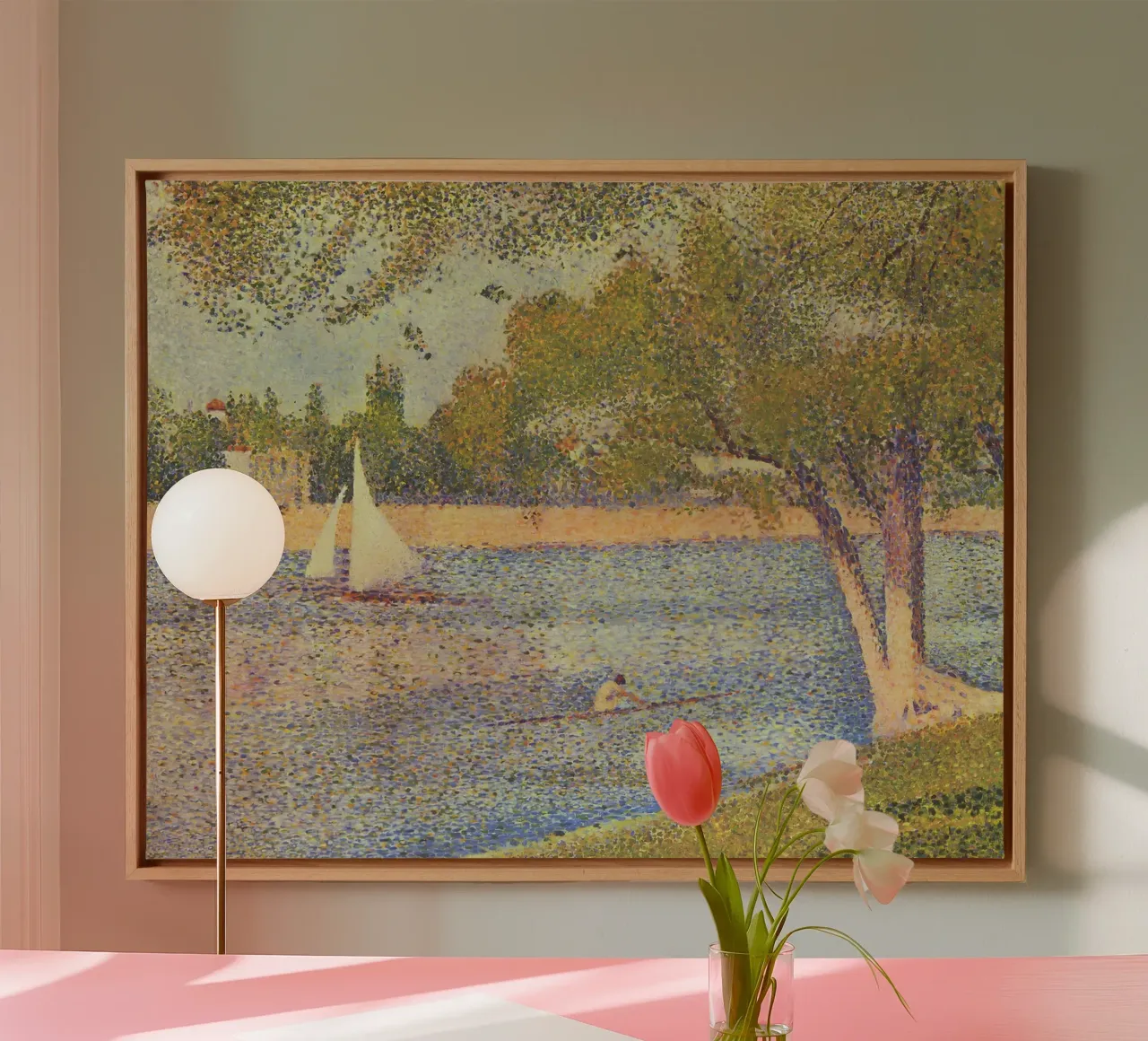 Seurat's Sailboat & Skiff - Pointillist River Scene canvas by NorwesClub