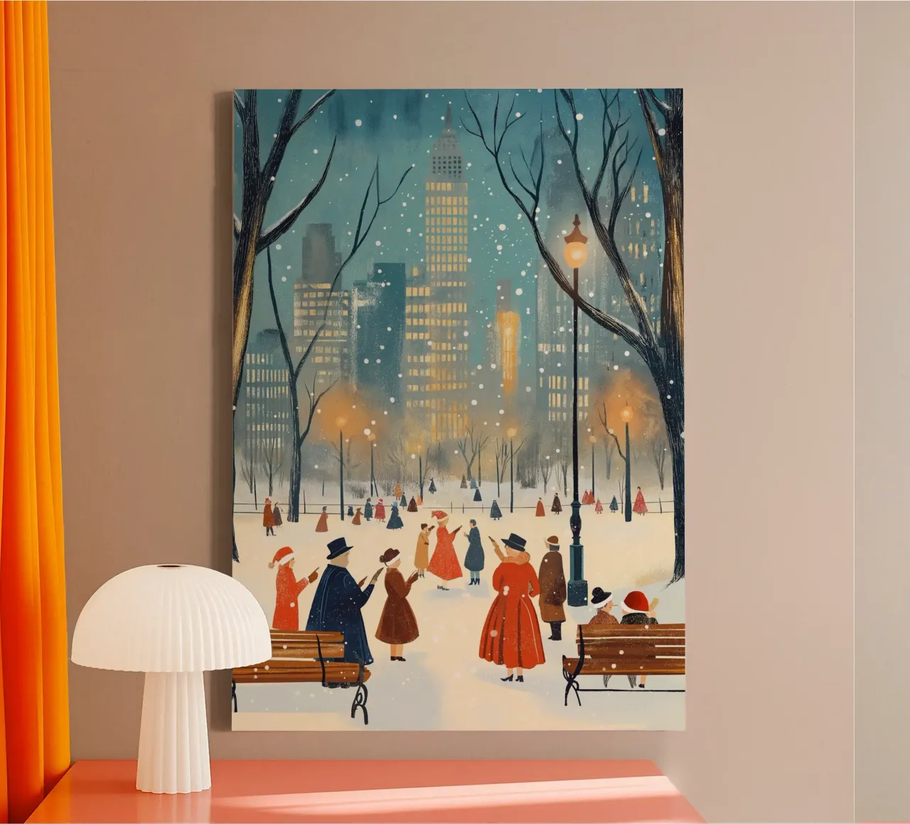 Promenade dans le parc d'hiver - Scène de neige festive dans le parc central de New York toile avec Caisse américaine de ClubArt