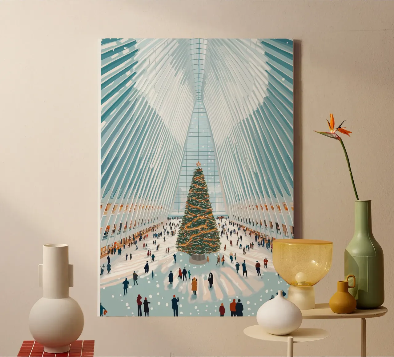 Oculus Kerstboom - Feestelijk NYC monumentaal interieur canvas met Baklijst van ClubArt