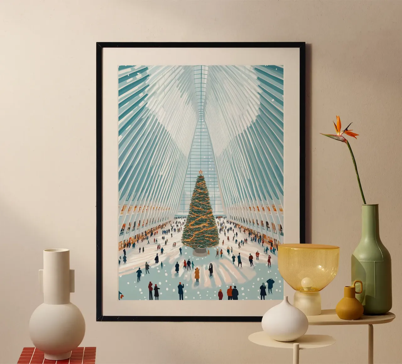 Albero di Natale di Oculus - Interni festosi di un punto di riferimento di New York poster con telaio in alluminio da ClubArt