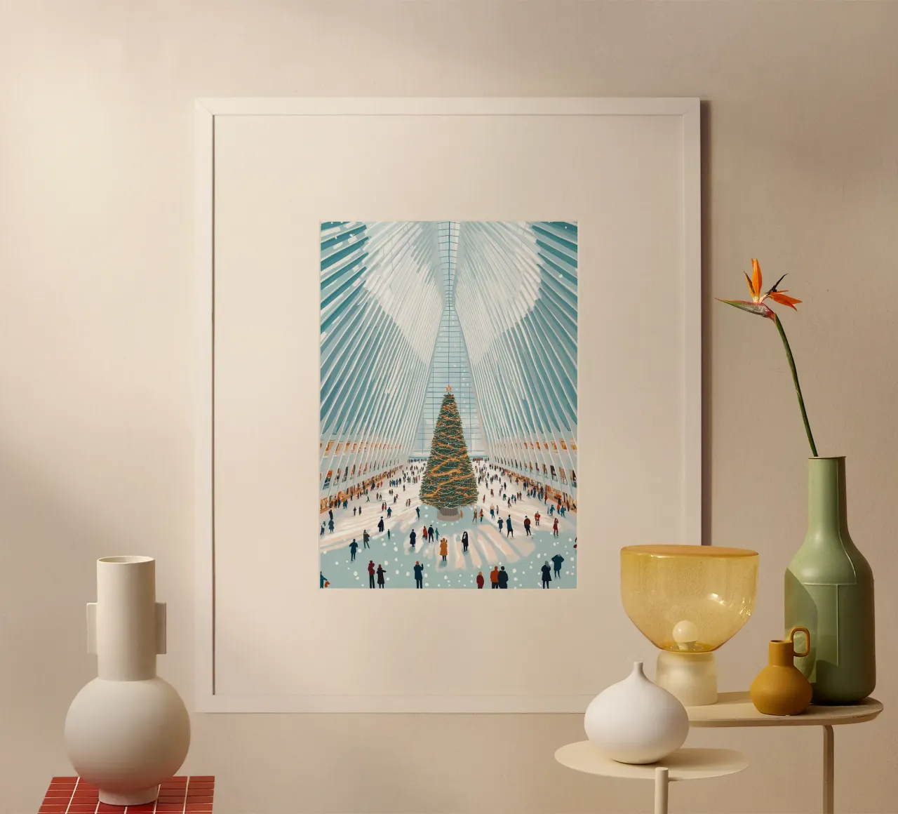 Albero di Natale di Oculus - Interni festosi di un punto di riferimento di New York poster con telaio in alluminio da ClubArt