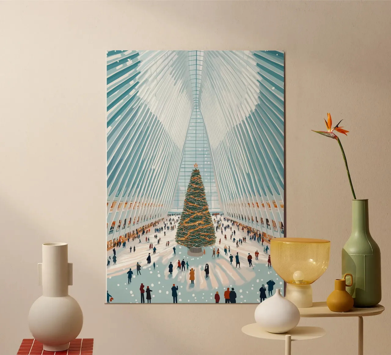Albero di Natale di Oculus - Interni festosi di un punto di riferimento di New York poster con telaio in alluminio da ClubArt