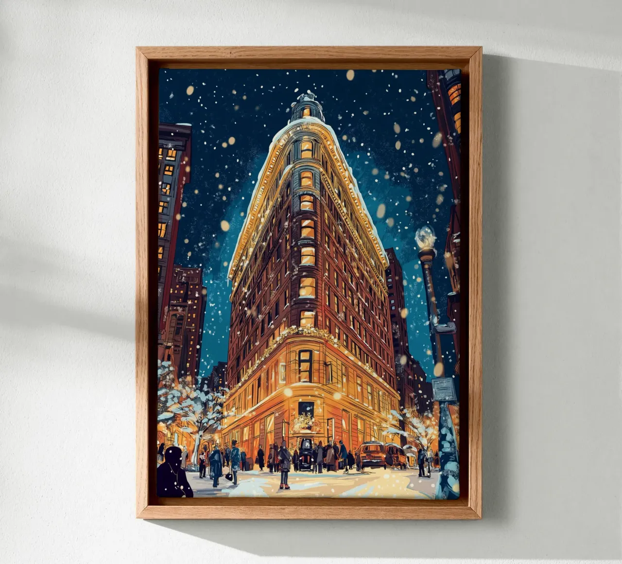 Flatiron Building innevato - Bagliore invernale del monumento di New York tela con Cornice a cassetta da ClubArt