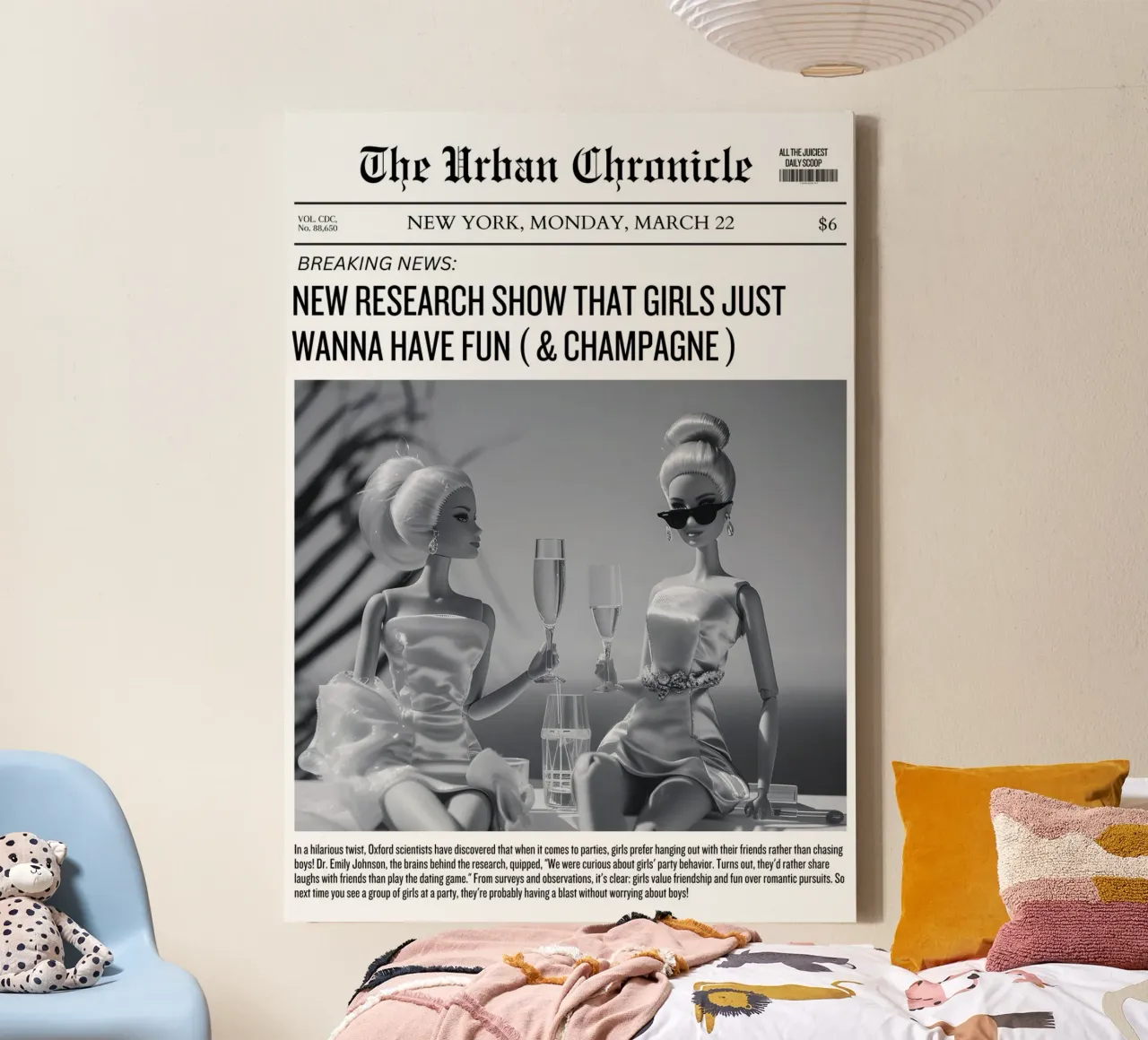 Barbie Fun & Champagne: Urban Chronicle Kunstdruk canvas met Baklijst van homdeco