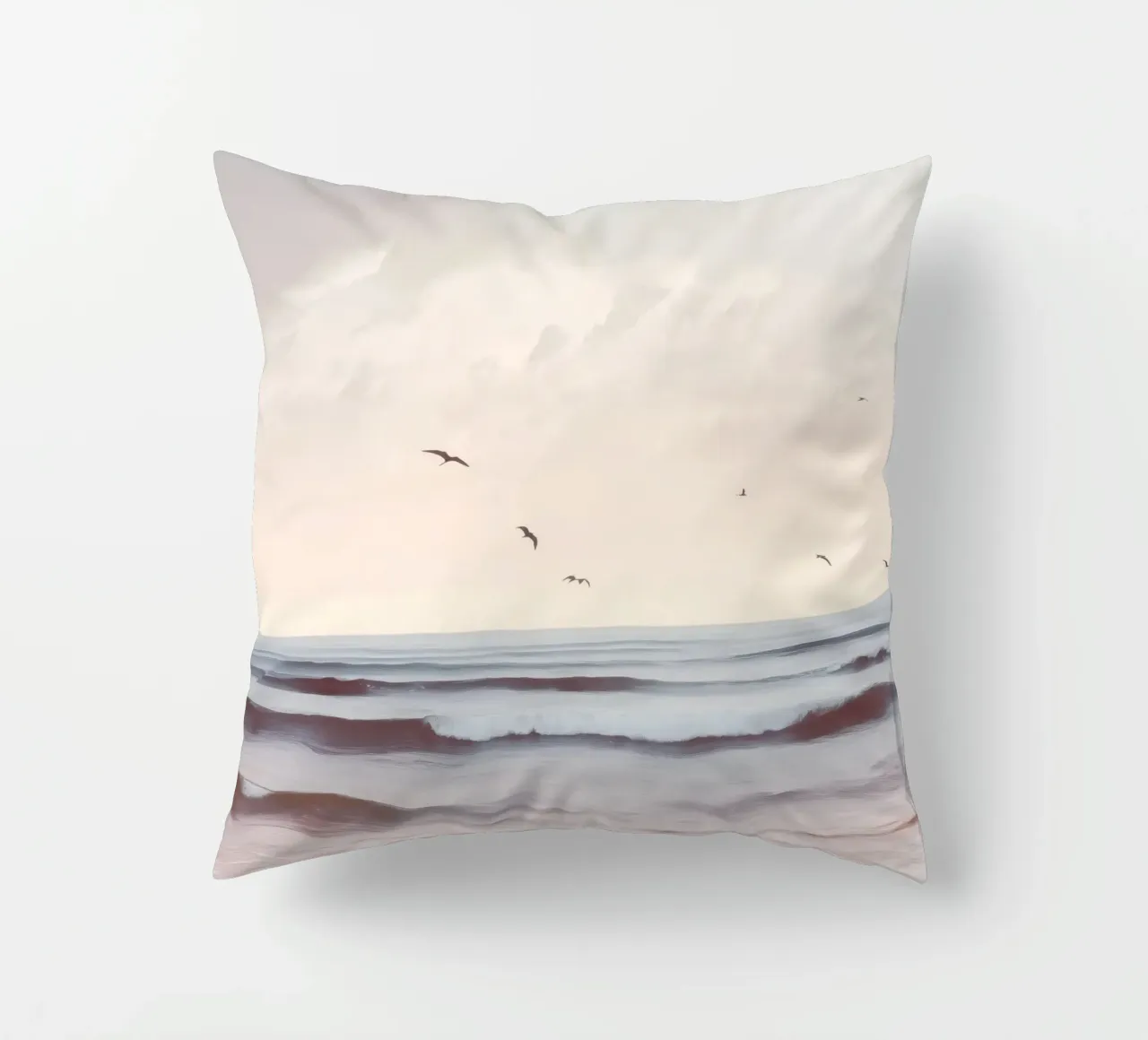 Seabirds at Dusk – Pastel Coastal Photography Print cuscino da Vela Luna