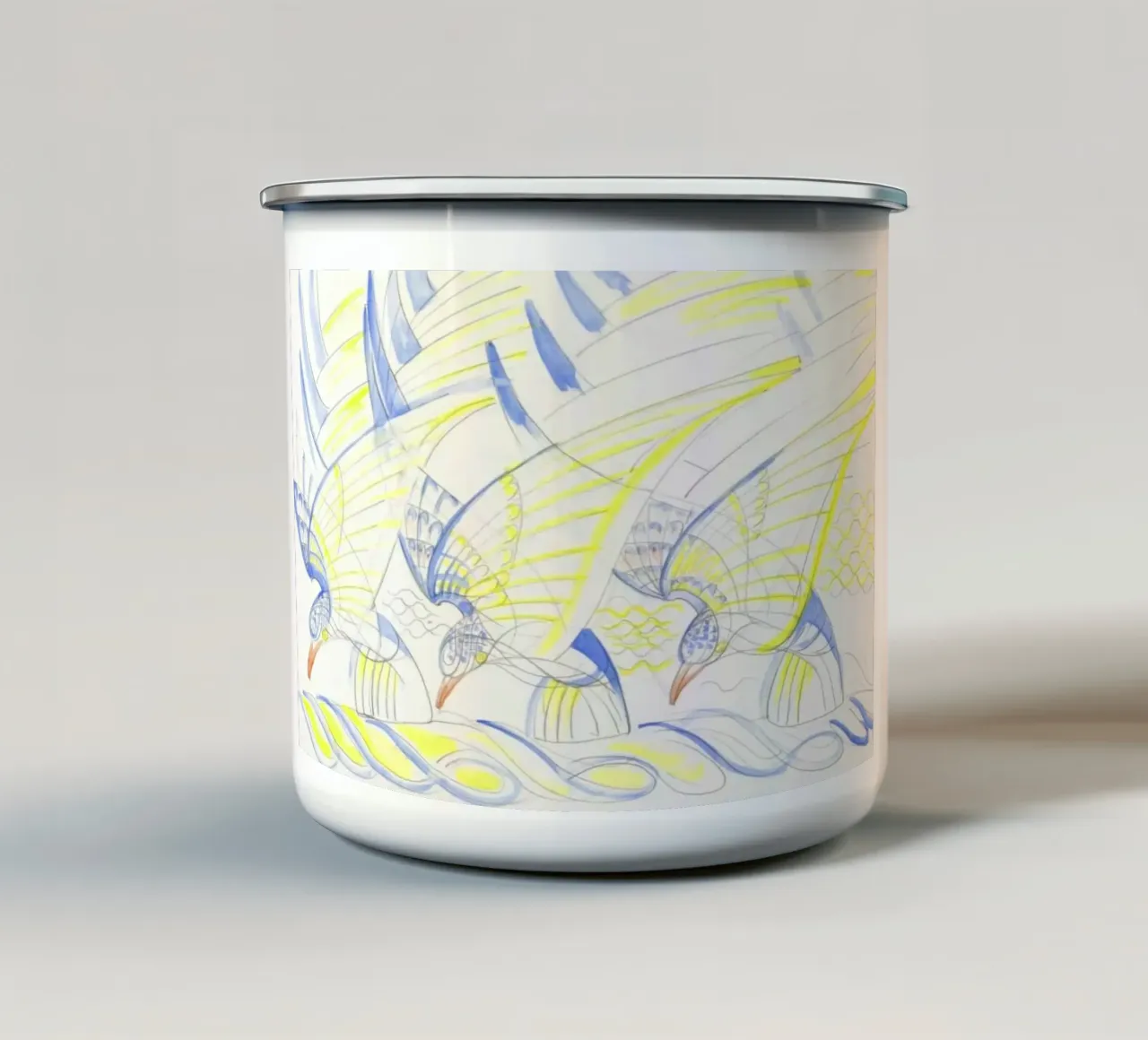 Uccelli in volo tazza in smalto da Damian Jackson