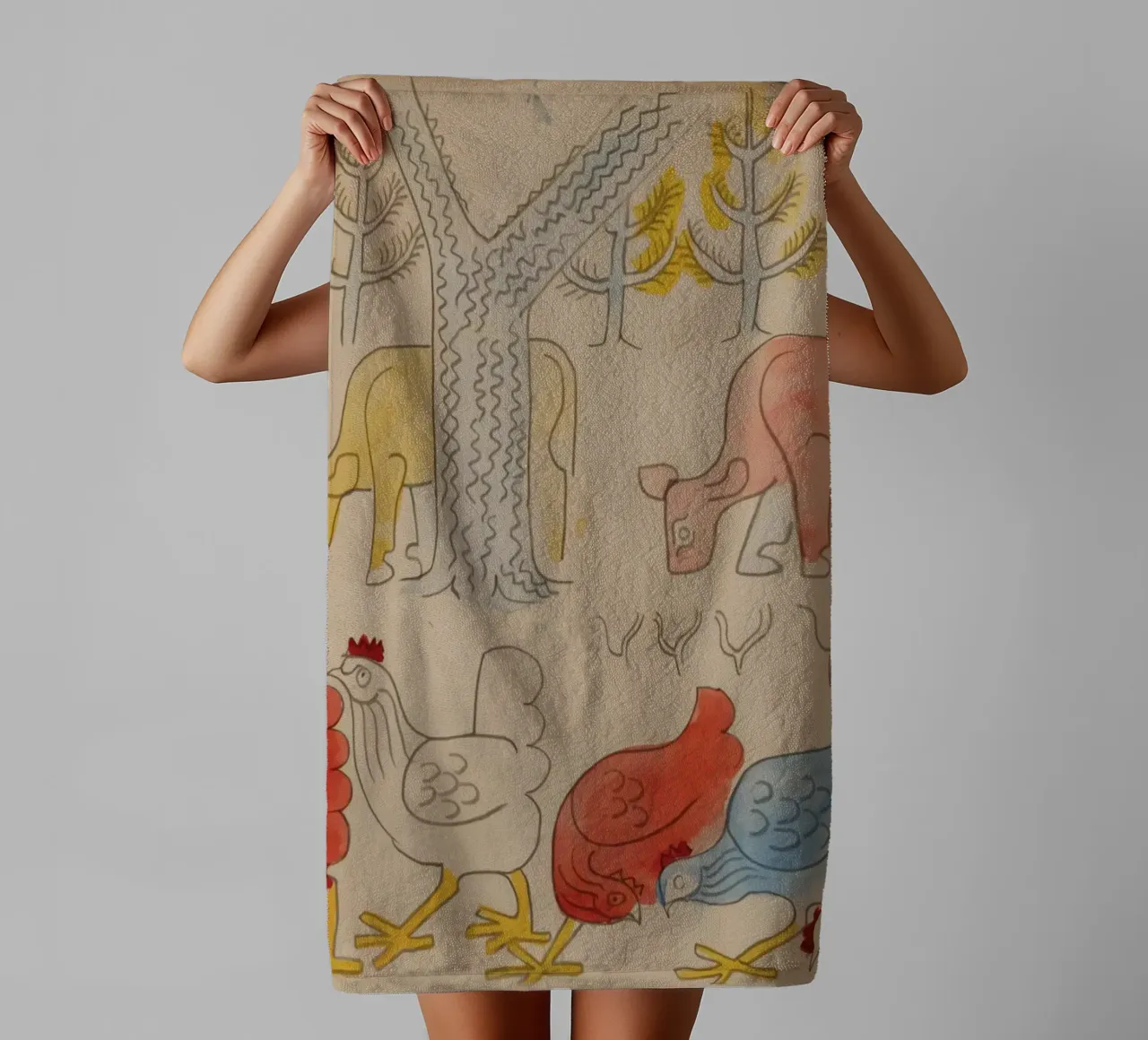 Cows and Roosters Under Trees towel by Damian Jackson