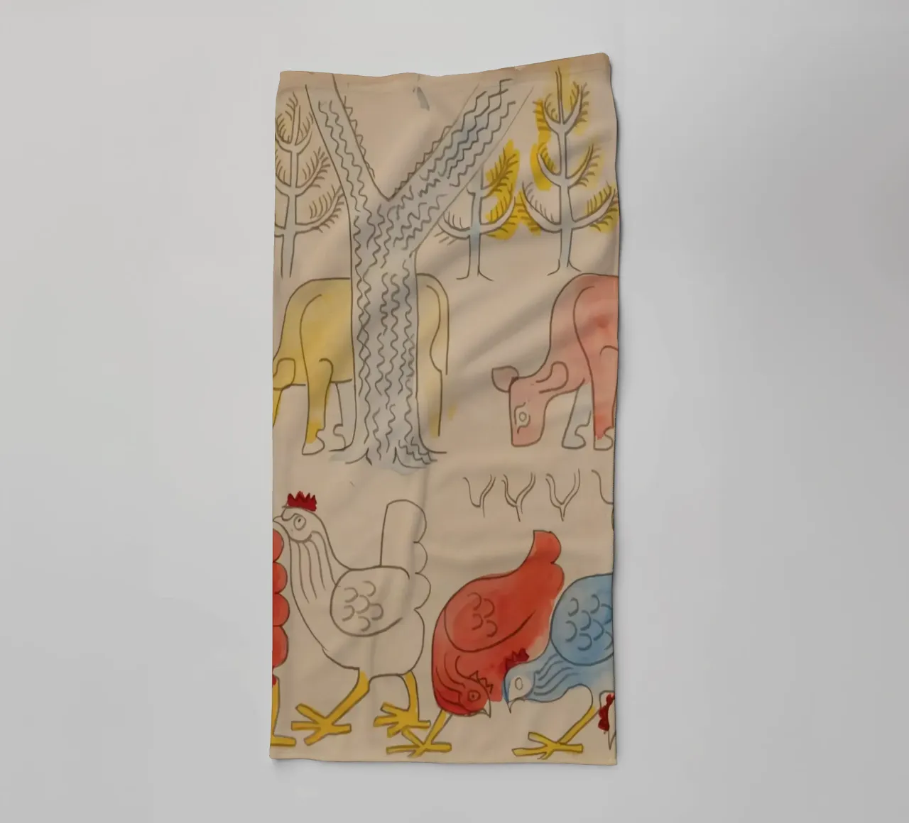 Cows and Roosters Under Trees towel by Damian Jackson