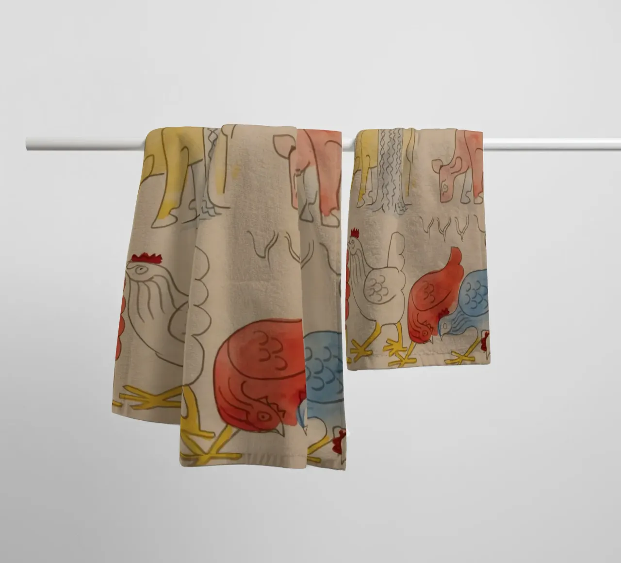 Cows and Roosters Under Trees towel by Damian Jackson