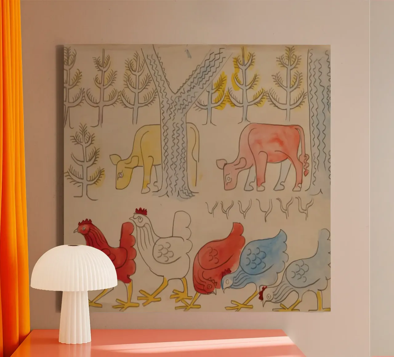 Cows and Roosters Under Trees canvas with Floater frame by Damian Jackson