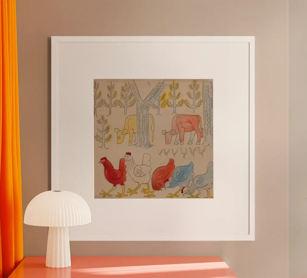 Mucche e galli sotto gli alberi poster con telaio in plastica da Damian Jackson