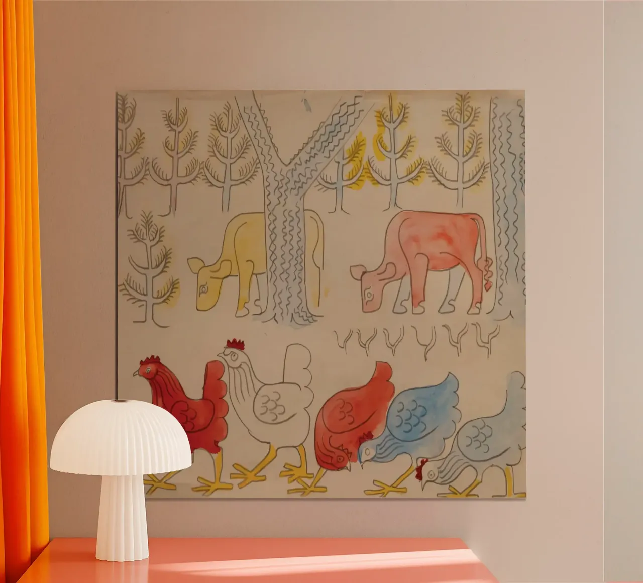 Mucche e galli sotto gli alberi poster con telaio in plastica da Damian Jackson
