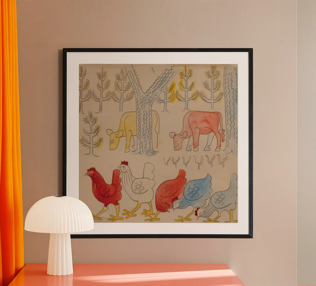 Mucche e galli sotto gli alberi poster con telaio in plastica da Damian Jackson