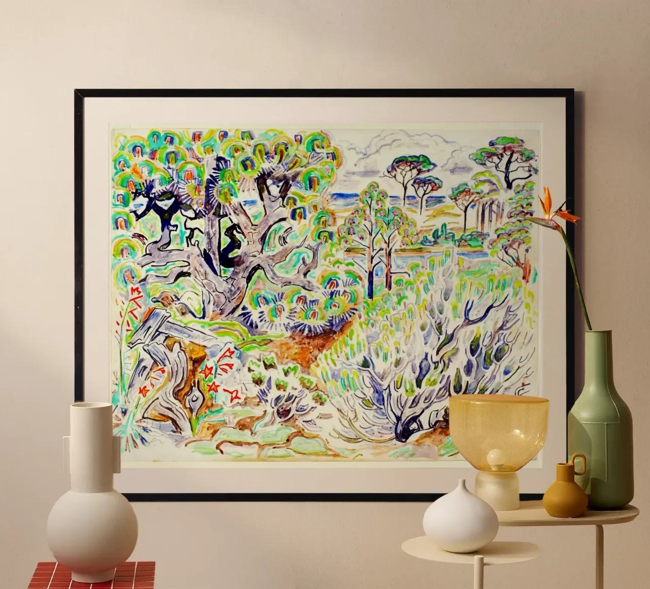 Paesaggio dell'isola di Horn, 1960 poster con telaio in legno da Damian Jackson
