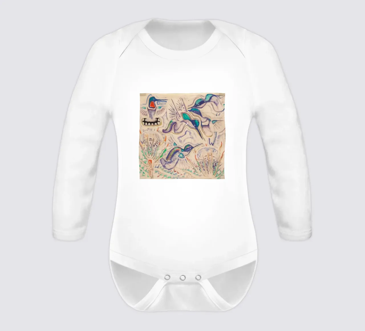 Humming Birds long-sleeve baby romper by Damian Jackson
